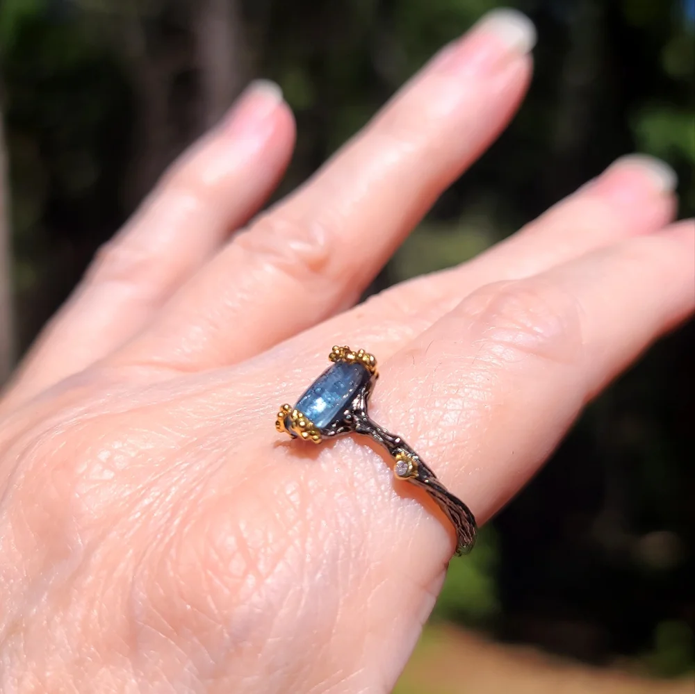Kyanite & Amethyst elongated cushion cut STUNNING wreath sterling &gold ring sz9 - Picture 7 of 10